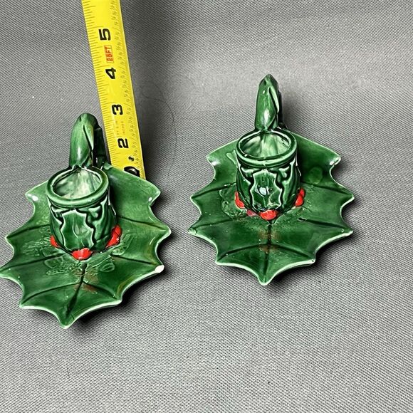 Vintage Antique Christmas Holly Berries Green Candle Stick Holders Holiday Decor - Picture 2 of 13